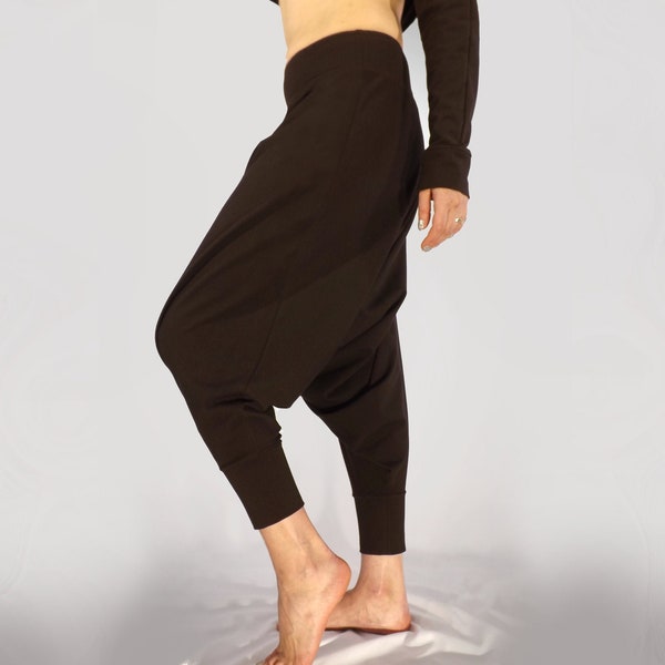 Women's Harem Pants In Brown, Yoga Boho Drop Crotch Cuffed Oversized Trousers, Stretch Cotton Aladdin Pants