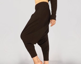 Women's Harem Pants In Brown, Yoga Boho Drop Crotch Cuffed Oversized Trousers, Stretch Cotton Aladdin Pants