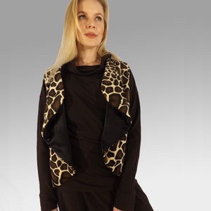 Women&#39;s Animal Print Vest, Leopard Open Front Boho Sleeveless Jacket, Fox Fur Fully Lined Outerwear, Handmade Relaxed Fit Vest