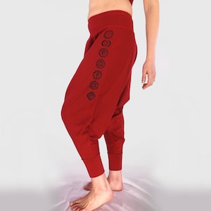 Women&#39;s Chakras Harem Pants in Burgundy, Yoga Boho Drop Crotch Cuffed Oversized Trousers, Stretch Cotton Aladdin Pants