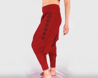 Women's Chakras Harem Pants in Burgundy, Yoga Boho Drop Crotch Cuffed Oversized Trousers, Stretch Cotton Aladdin Pants