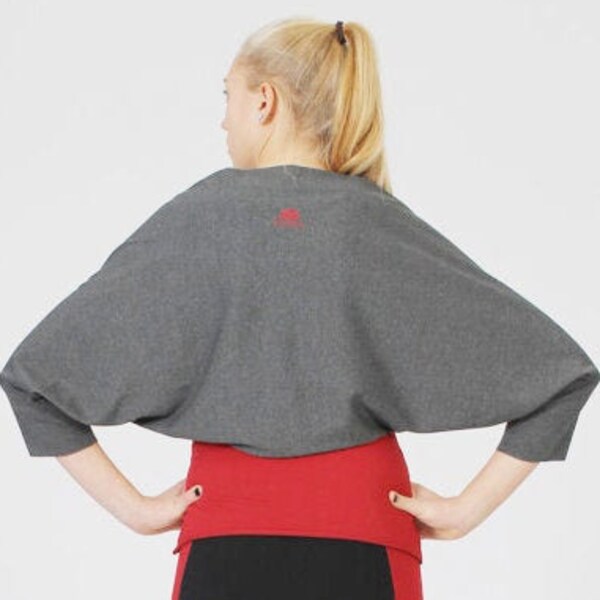 Cropped Shrug for Women - Comfy Grey 3/4 Sleeve Open Top - Yoga Layering Garment - Charcoal Stretch Jersey Shrug - S/M,L/XL