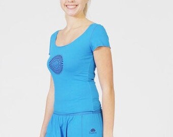Women's Top with Mandala Symbol Print - Yoga Blue,Slim Fit,Scoop Neck Top - Ladies Stretch Cotton Activewear Garment.
