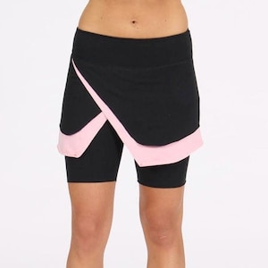 Asymmetrical Jersey Workout Miniskirt for Women - Yoga,Tennis Stretch Cotton,Flare,Pink/Black Skort-Double Layer Skirt-Perfect for Layering.