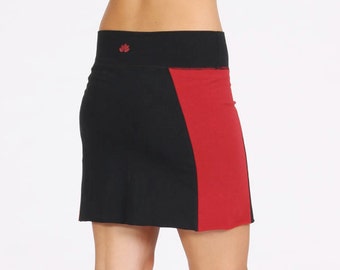 Fitted Miniskirt for Women-Black/Burgundy Short Skirt- Colorblocking Stretch Cotton Yoga Skirt-Ladies Activewear Layering Clothing.