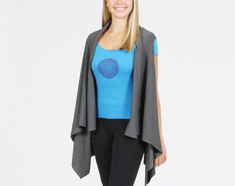 Women's Long Open Vest- Charcoal Oversized Layering Yoga,Activewear Vest-Sleeveless Open Cardigan-Grey Stretch Jersey Vest.