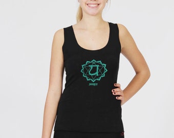 May include: Black tank top with a green and white graphic of a symbol and the word "Anahata" in Sanskrit.
