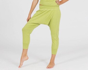 Women's Cropped Harem Pants - Yoga Dropped Crotch,Cuffed Green Pants - Stretch Cotton,Loose Lounge Trousers - XS-S,M,L-XL.