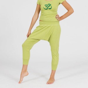 Women&#39;s Cropped Harem Pants - Yoga Dropped Crotch,Cuffed Green Pants - Stretch Cotton,Loose Lounge Trousers - XS-S,M,L-XL.