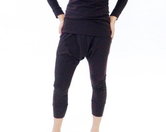 Pantalon sarouel noir pour femme - Entrejambe bas de yoga, pantalon à revers - Coton extensible, pantalon de détente ample - XS-S, M, L-XL.