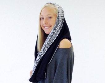 Women's Infinity Scarf - Stretch Cotton Cowl Scarf - Black-White Print Neck Warmer - Reversible Warm Hood Scarf - Gift For Her