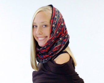 Women's Snood Scarf - Knit Stretch Cowl Neck Warmer - Reversible Black-Red Print Hood Scarf - Gift for Her