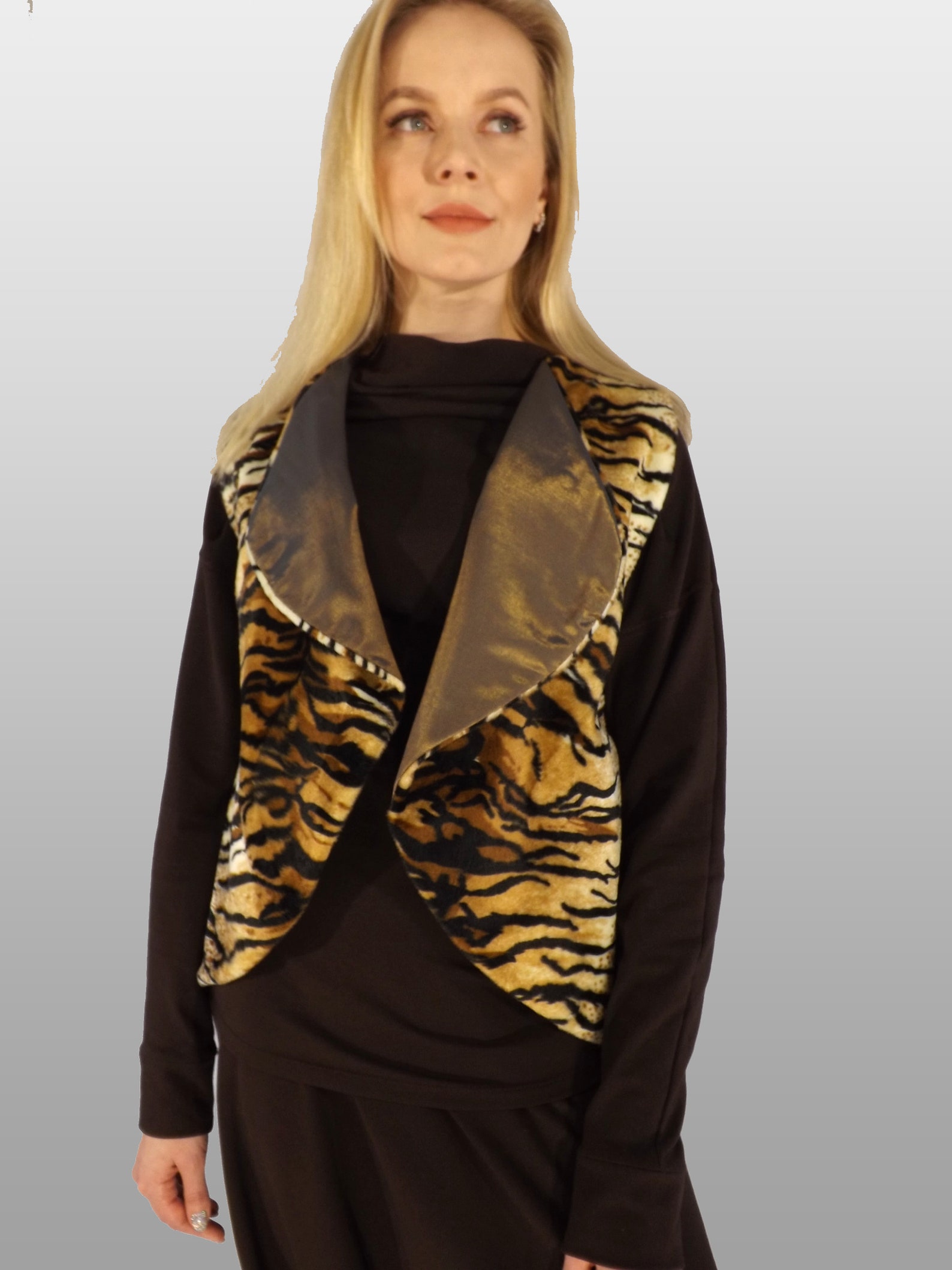 Women's Animal Print Vest, Tiger Stripe Open Front Boho Sleeveless