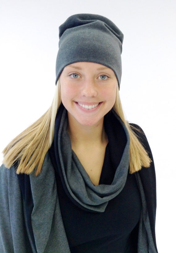 Women's Beanie Hat Grey Jersey Slouchy 