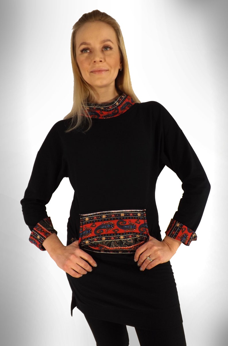 OFEEFAN Women's Long Sleeve Tunic Dress - Fall & Winter Outfit With Pockets & Buttons (Black White Grid, Small)