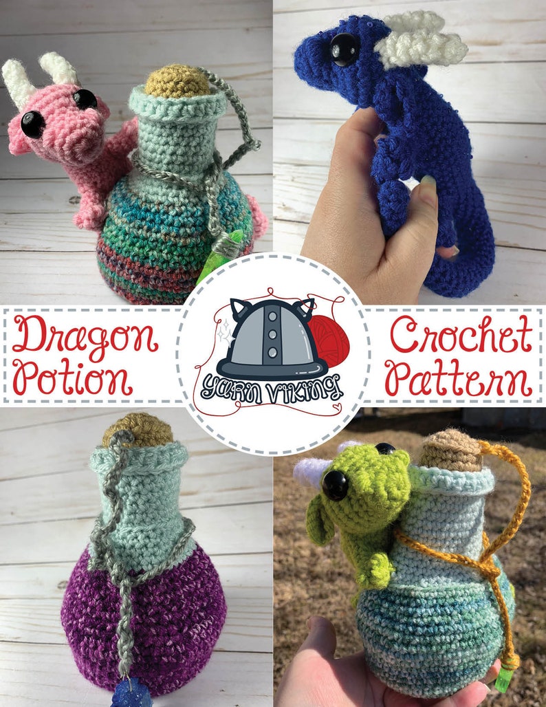 Large Dragon Potion Bottle Dice Bag Crochet Pattern, DnD, tabletop gaming, dice holder, crochet bag, magic, Dice Bag, Dragons image 1