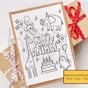 Printable Coloring Happy Birthday Card - Party Animal - Elephant - Giraffe - Koala - Penguin