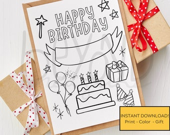 Printable Coloring Happy Birthday Card - Cake - Balloons - Party