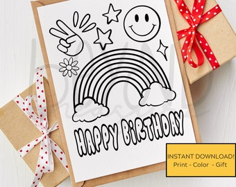 Printable Coloring Happy Birthday Card - Rainbow Groovy
