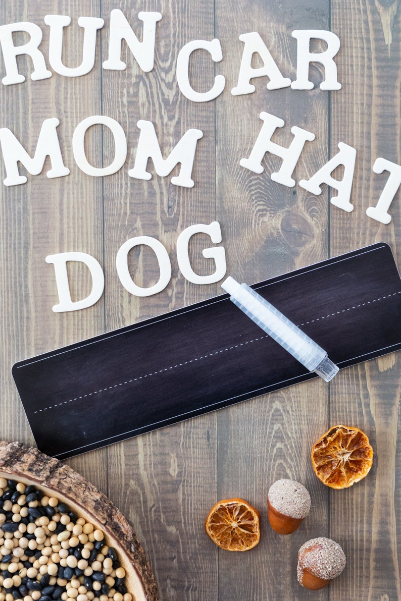 Peut inclure: Lettres en bois blanc &eacute;pellant les mots "RUN CAR MOM HAT DOG" sur une surface en bois brun. Un tableau noir avec un marqueur blanc est pos&eacute; sur la surface. On trouve &eacute;galement des tranches d'orange s&eacute;ch&eacute;es et des glands sur la surface.