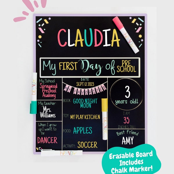 Letrero para el primer día de clases: pizarra borrable con confeti y marcador de tiza.