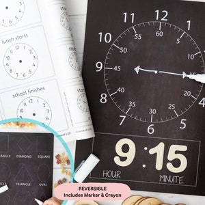 Clocks / Shapes Reversible Mini Learning Mat Learning - Chalk Crayon and Marker Included