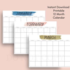 12 Month Printable Calendars - Colourful Watercolour Fill in