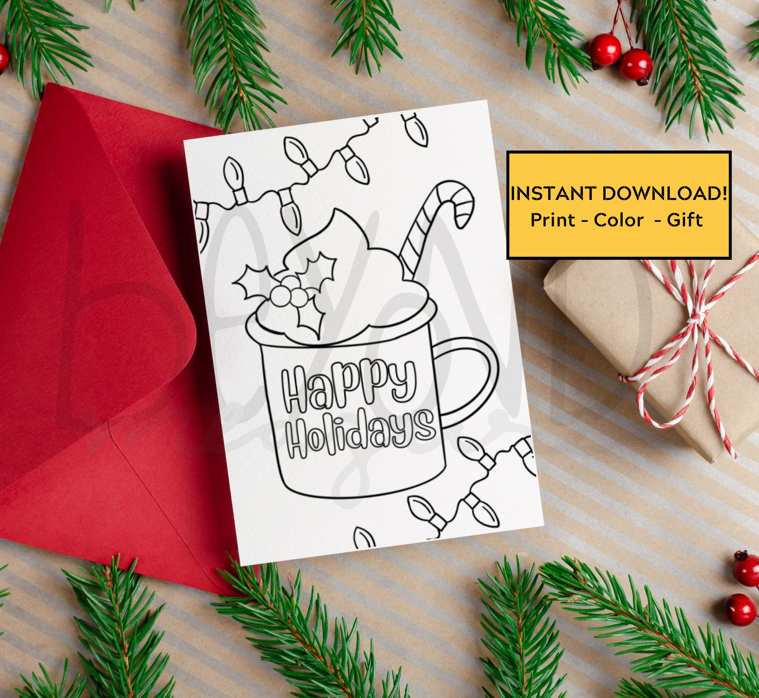 Printable Happy Holidays Card - Color Me 5" x 7" & 4" x 6"