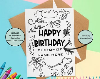 Printable Dino Birthday Card – DIY Coloring Page (Editable)