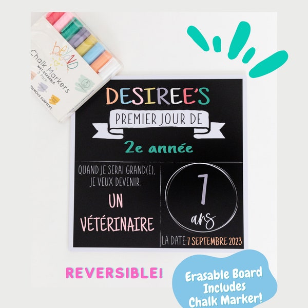 Pizarra reversible francesa para el primer y último día de clase / Accesorio para fotos (incluye rotulador de tiza)