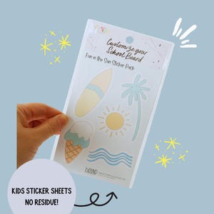 May include: A pack of children's sticker sheets with a summer theme, including a surfboard, ice cream cone, sun, palm tree, and waves. The text says "Customize your School Board" and "Fun in the Sun Sticker Pack."