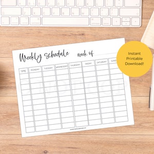 May include: A black and white printable weekly schedule planner with the text "Weekly Schedule" and "Week of" at the top. The planner has columns for each day of the week, Monday through Sunday, and rows for time slots. The text "Instant Printable Download!" is in a yellow circle in the upper right corner.