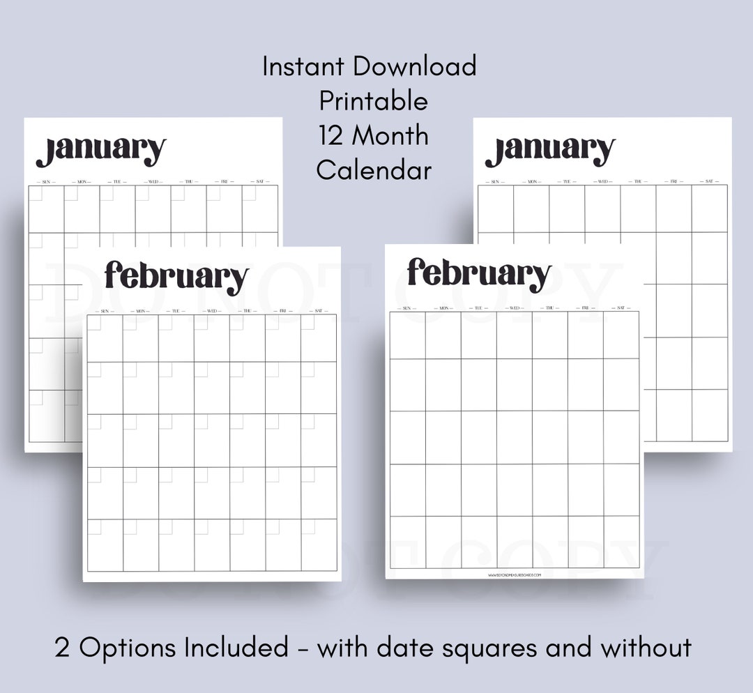 12 Month Printable Calendars - Modern Simple Bold Vertical - Etsy