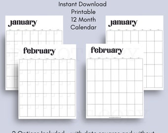 12 Month Printable Calendars - Modern Simple Bold Vertical