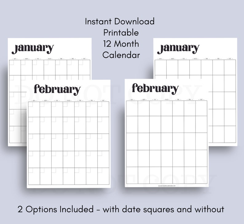 12 Month Printable Calendars Modern Simple Bold Vertical - Etsy