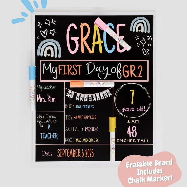 Back to School Erasable Board - Boho Rainbow |First Day of School | Last Day School Sign | School Board