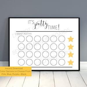 May include: A black and white printable potty training chart with the text "It's potty time!" and "I went potty!!". The chart has 20 circles and 4 stars. The chart is available in 4 colors: pink, blue, purple, and black.