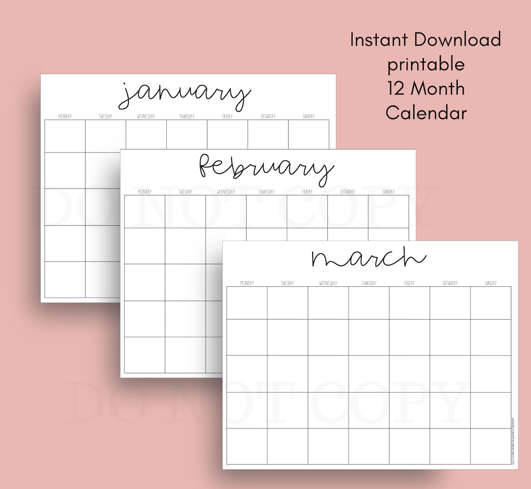 12 Month Printable Calendars Modern Fun Blank Fill In Etsy