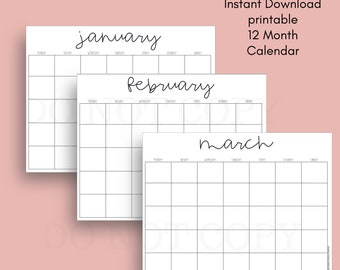 May include: Printable calendar template with the months of January, February, and March. Each month has a blank grid with days of the week labeled at the top.