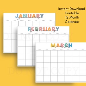 12 Month Printable Calendars Colourful Fun Blank Fill In - Etsy