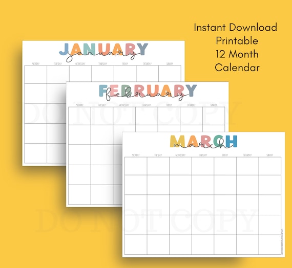 12 Month Printable Calendars Colourful Fun Blank Fill In - Etsy