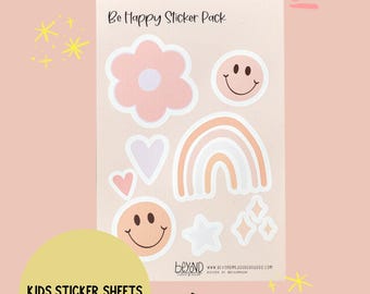 Be Happy Sticker Pack | No-Residue Reusable Stickers | Smiley, Rainbow & Flower Kids Sticker Sheet
