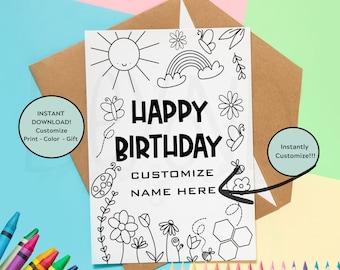 Printable Coloring Happy Birthday Card - Editable - Customize - Floral Spring