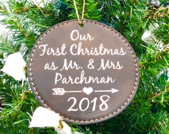 Couple's First Christmas Ornament - 1st Christmas Tree Ornament - Leatherette Christmas Ornament - Personalized Gift