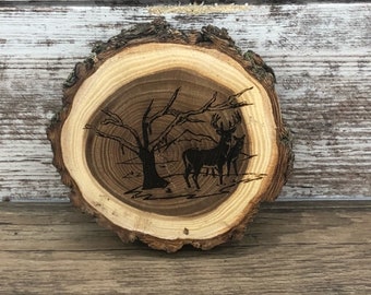 Deer Engraved Wooded Coasters- Set of Four - Old West Log Coasters