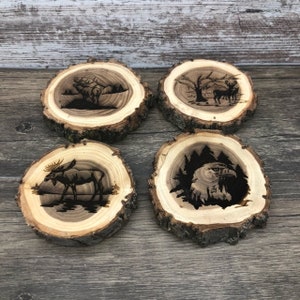 Wildlife Engraved Wooded Coasters Set of Four Variety Pack Eagle, Moose, Elk, and Deer Old West Log Coasters image 1