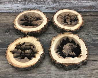 Wildlife Engraved Wooded Coasters- Set of Four - Variety Pack -  Eagle, Moose, Elk, and Deer - Old West Log Coasters