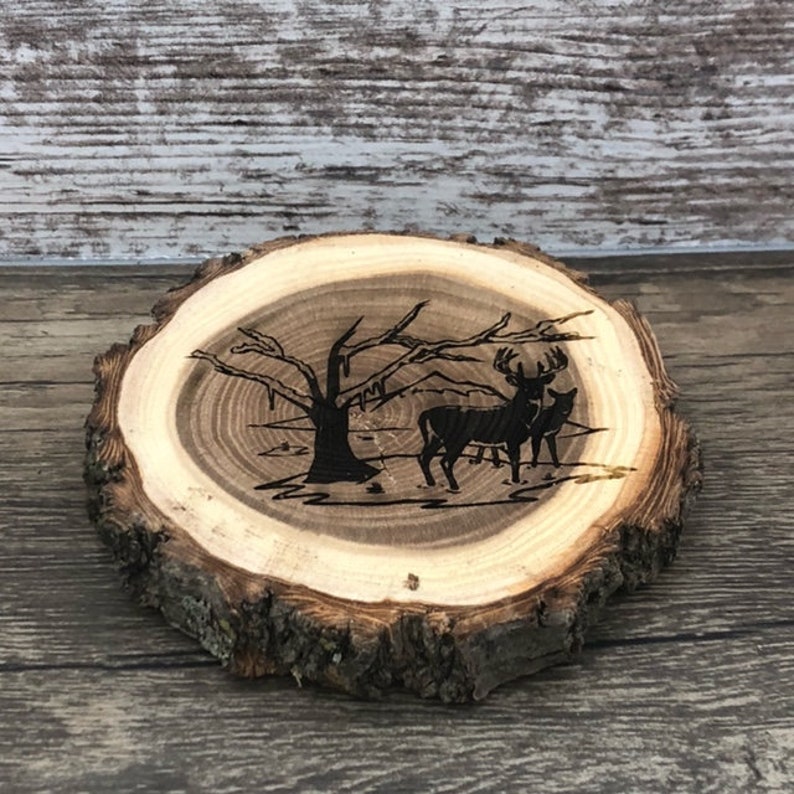 Wildlife Engraved Wooded Coasters Set of Four Variety Pack Eagle, Moose, Elk, and Deer Old West Log Coasters image 9