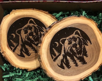 Bear Engraved Wooded Coasters- Old West Log Coasters