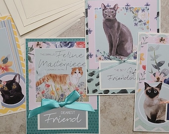 Cat & Floral Greeting Card Set: Friendship, Birthday, Love - 6 Pack